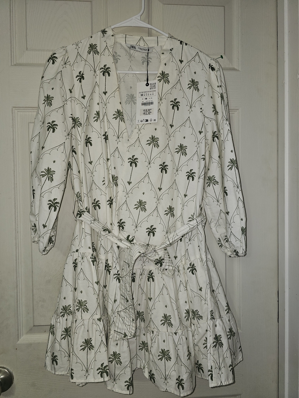 Zara White Mini Dress with Green Palm Print